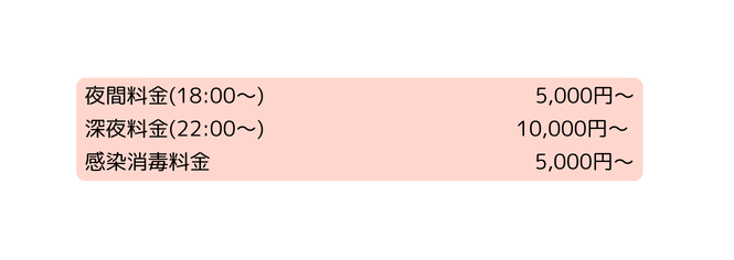 夜間料金 18 00 5 000円 深夜料金 22 00 10 000円 感染消毒料金 5 000円