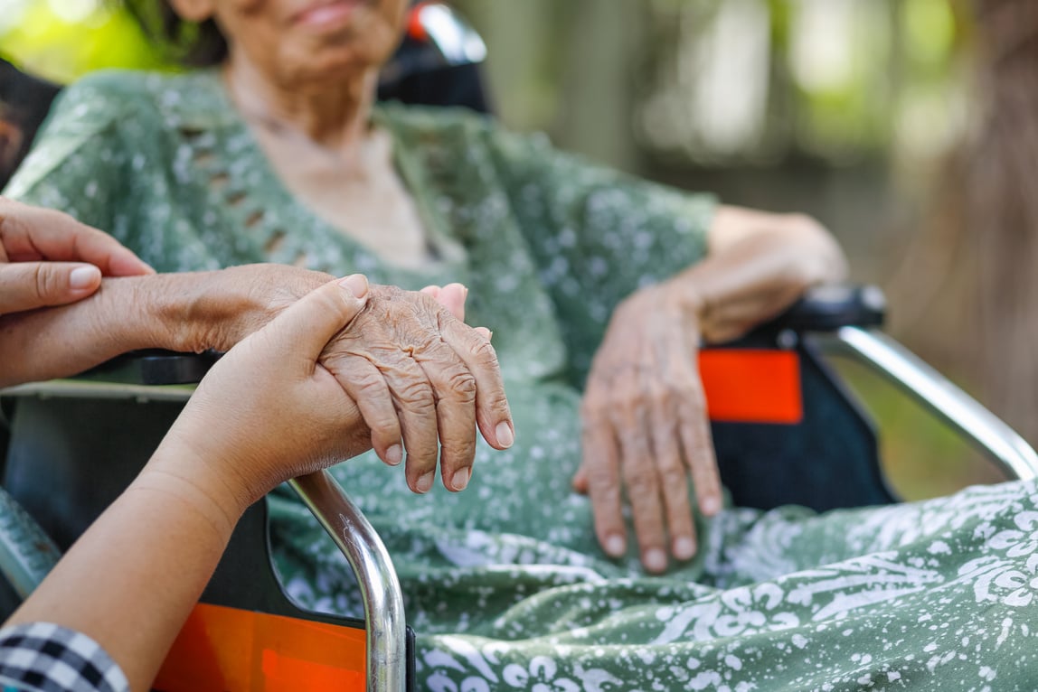 Person Assisting Elderly Woman in a Wheelchair 